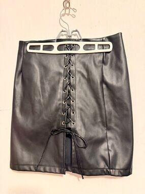 Black Faux Leather Lace-Up Mini Skirt
